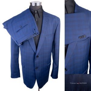 Tommy Hilfiger 2-Pcs Plaid Blue Wool Suit Jacket Blazer Sz 48L Pants 43X31 EUC